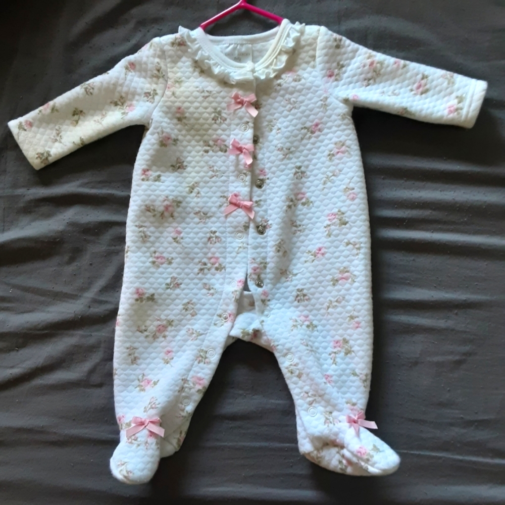 Laura Ashley White Quilted Footed One-Piece with Pink Floral Bows